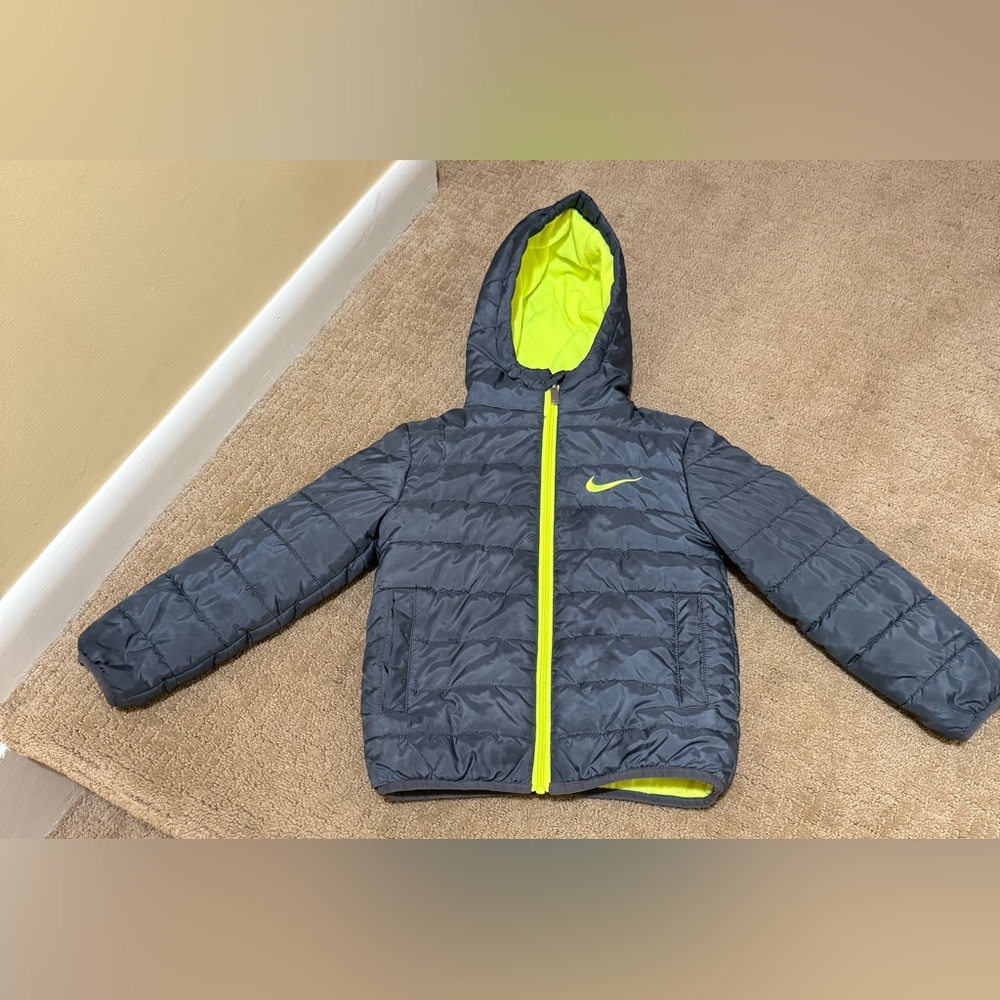 Nike Gray and Yellow Puffer Jacket with Hood